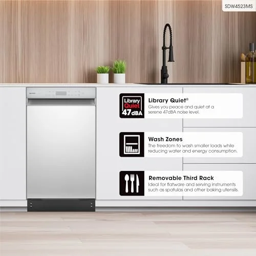 Sharp 18-inch built-in dishwasher in stainless steel with third rack