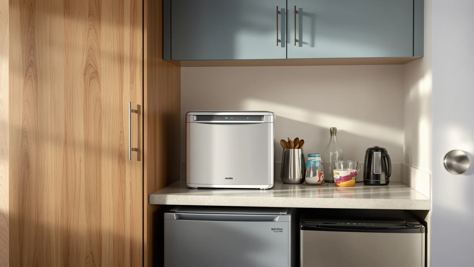 A compact countertop dishwasher sitting on a narrow dorm room desk beside a mini-fridge