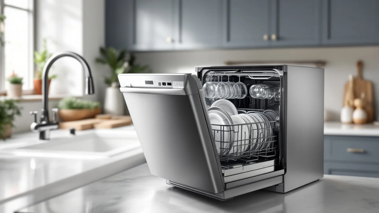 Compact stainless steel countertop dishwasher open on a kitchen counter with clean glasses inside